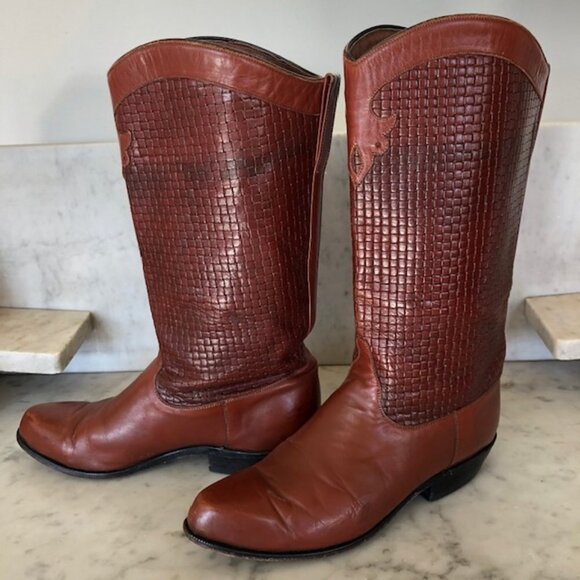 TONY LAMA Basket Weave Upper Leather Brown Pointed Toe Pull On Ladies Bo… - Picture 3 of 17